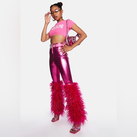 💔SOLD💔 DOLLS KILL Faux Leather Metallic Pants Faux Shag Fur Trim High Waist - Picture 9 of 9